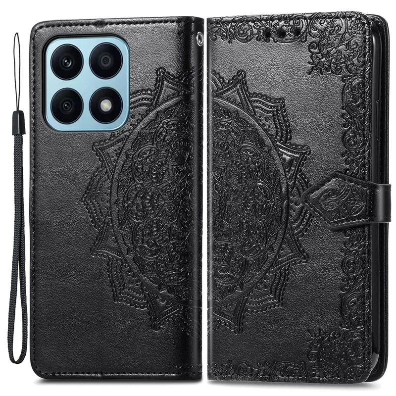 For Honor X8a 4G Anti-Dust Stand Wallet PU Leather Phone Case Embossed Mandala Pattern Phone Protector - Black