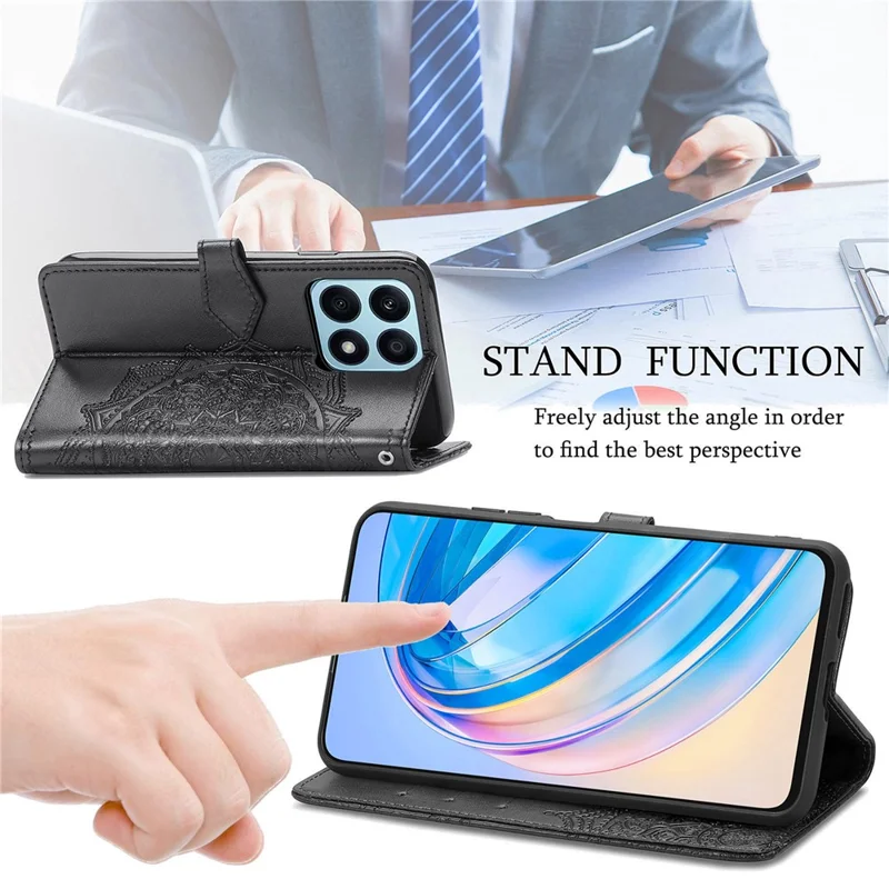 For Honor X8a 4G Anti-Dust Stand Wallet PU Leather Phone Case Embossed Mandala Pattern Phone Protector - Black