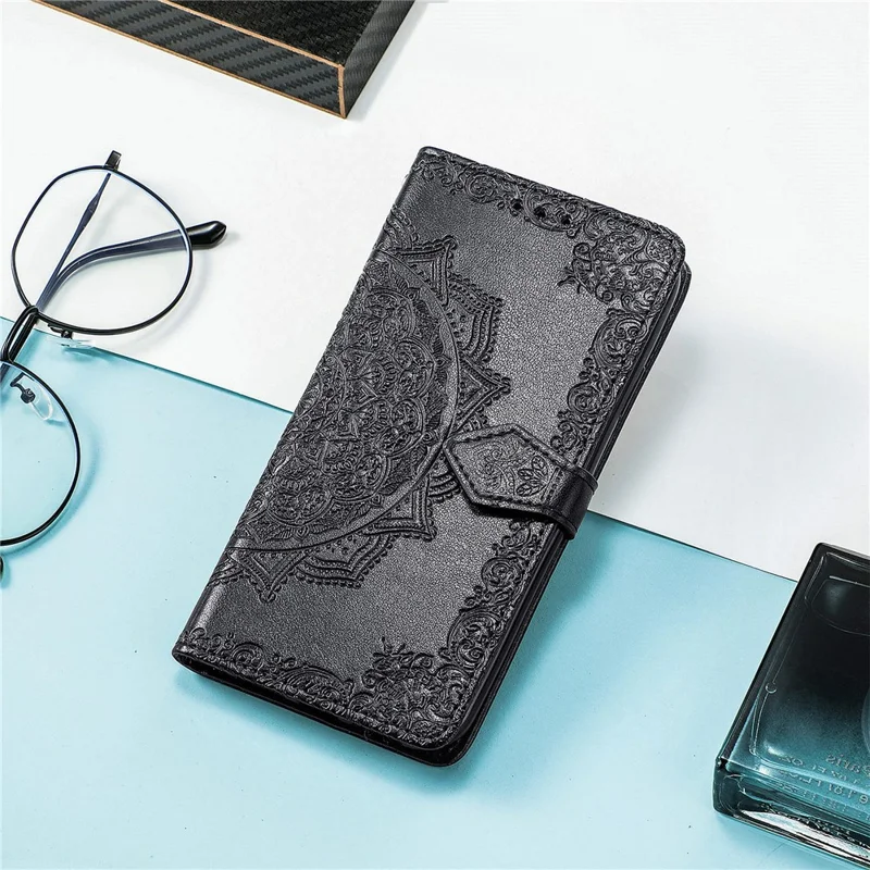 For Honor X8a 4G Anti-Dust Stand Wallet PU Leather Phone Case Embossed Mandala Pattern Phone Protector - Black