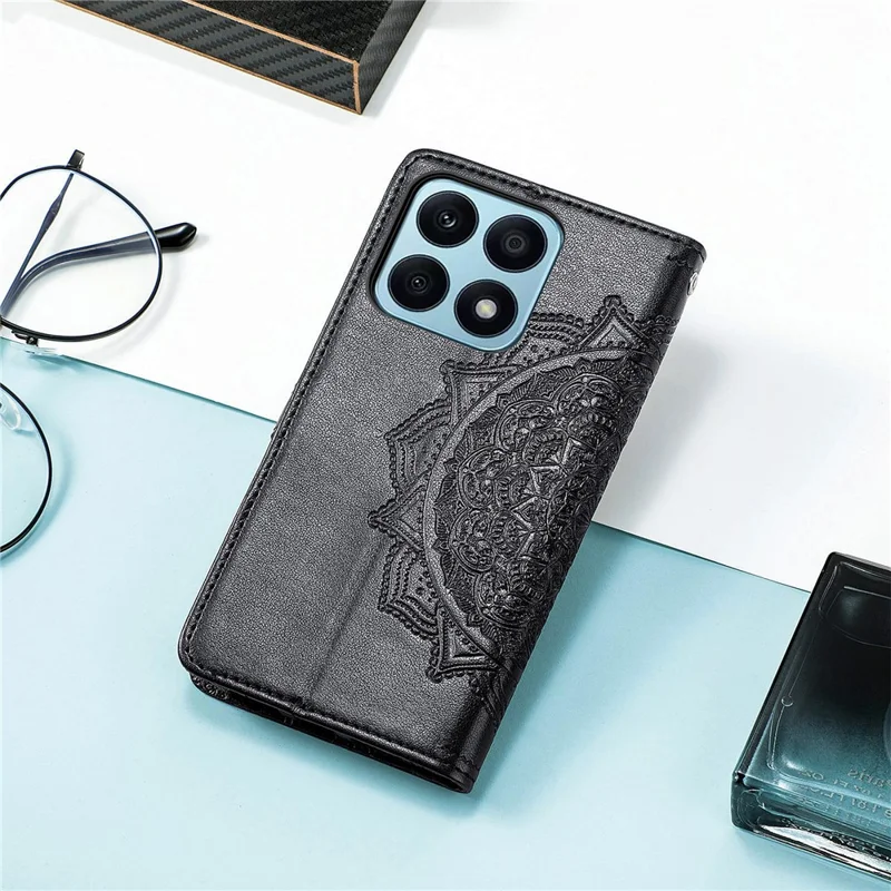 For Honor X8a 4G Anti-Dust Stand Wallet PU Leather Phone Case Embossed Mandala Pattern Phone Protector - Black