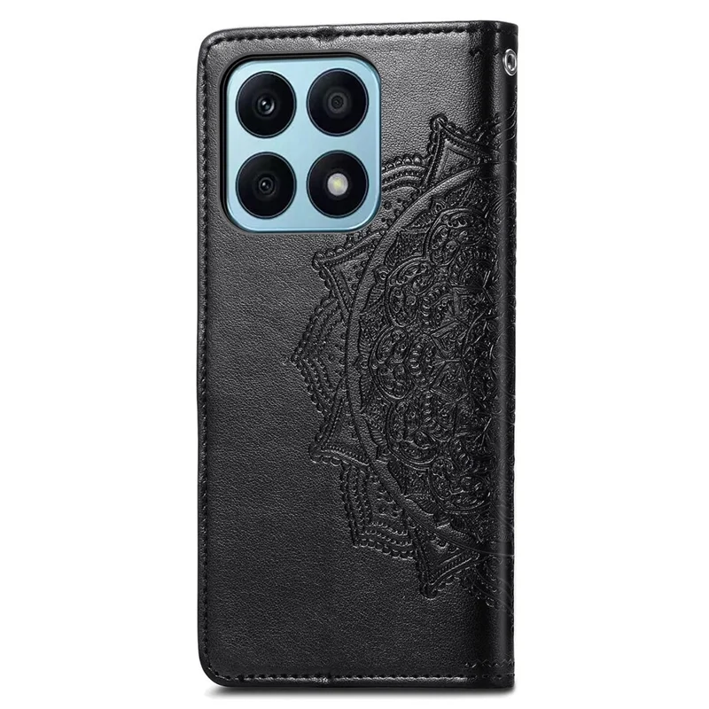 For Honor X8a 4G Anti-Dust Stand Wallet PU Leather Phone Case Embossed Mandala Pattern Phone Protector - Black