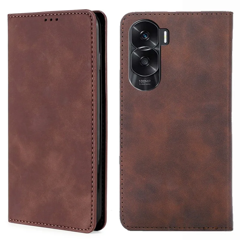 Capa de Telemóvel de Pele PU com Suporte para Cartões para Honor X50i 5G / 90 Lite 5G, Capa de Abrir com Toque Suave - Castanho Escuro