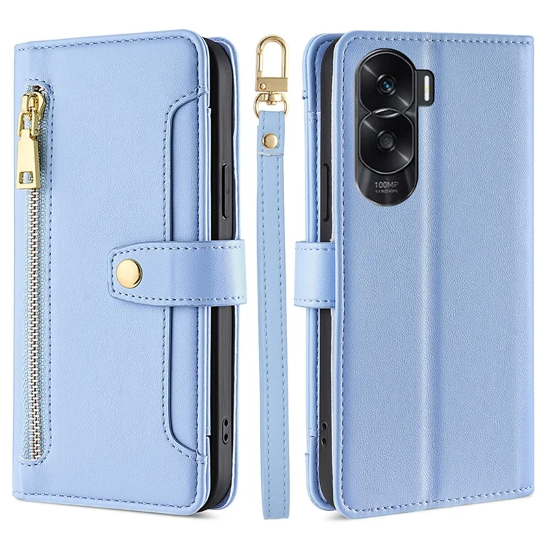 Leather Phone Cover for Honor X50i 5G / 90 Lite 5G Folio Flip Stand Wallet Case with Zipper Pocket - Blue