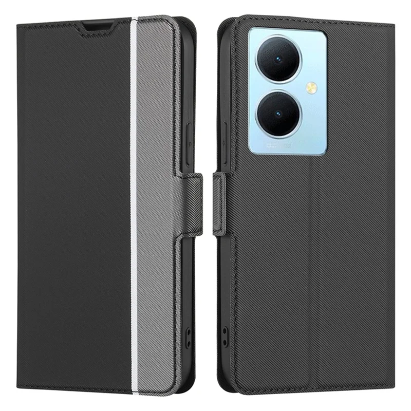 Per vivo Y78+ 5G Anti-Scratch Phone Cover Twill Texture Card Holder Stand TPU+PU Leather Case - Nero