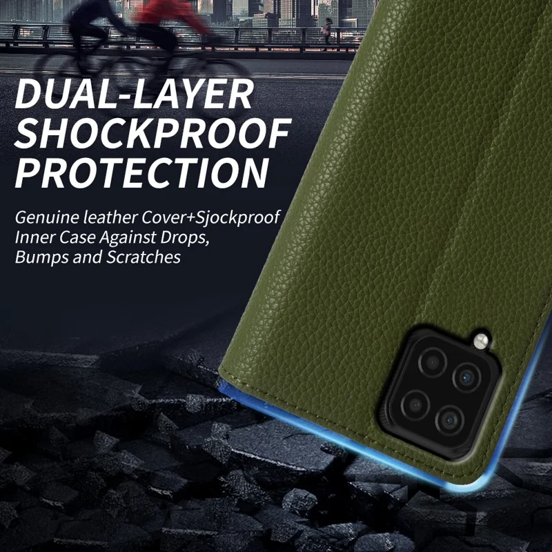 Para Samsung Galaxy F22 Otoño Proof Genuine Cool Soport Cover Cover Litchi Textura Billetera Caja de Teléfono - Verde
