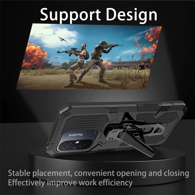 MechWarrior Project Phone Case for Xiaomi Redmi 12C 4G Kickstand Belt Clip TPU+PC Back Cover - Black
