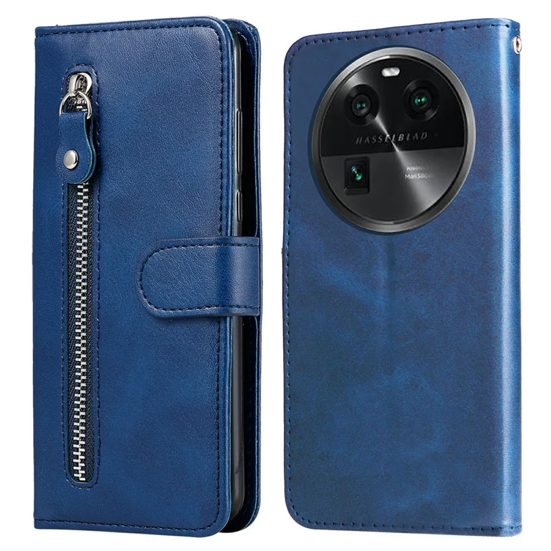 Phone Case for Oppo Find X6 , Calf Texture Zipper Pocket Stand Shell Drop-proof Wallet PU Leather Cover - Blue