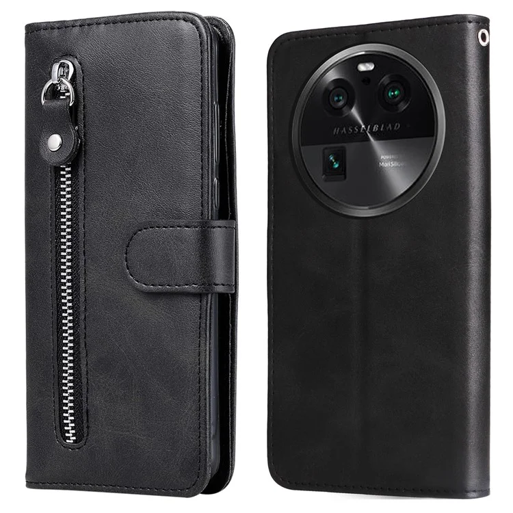 Pour Oppo Find X6 Pro Zipper Pocket Phone Case Stand Shell Calf Texture Anti-Scratch Wallet Cover - Noir