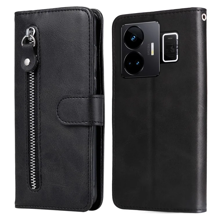 For Realme GT Neo 5 5G / GT3 5G PU Leather Phone Case Calf Texture Zipper Pocket Stand Shell Wallet Phone Cover - Black