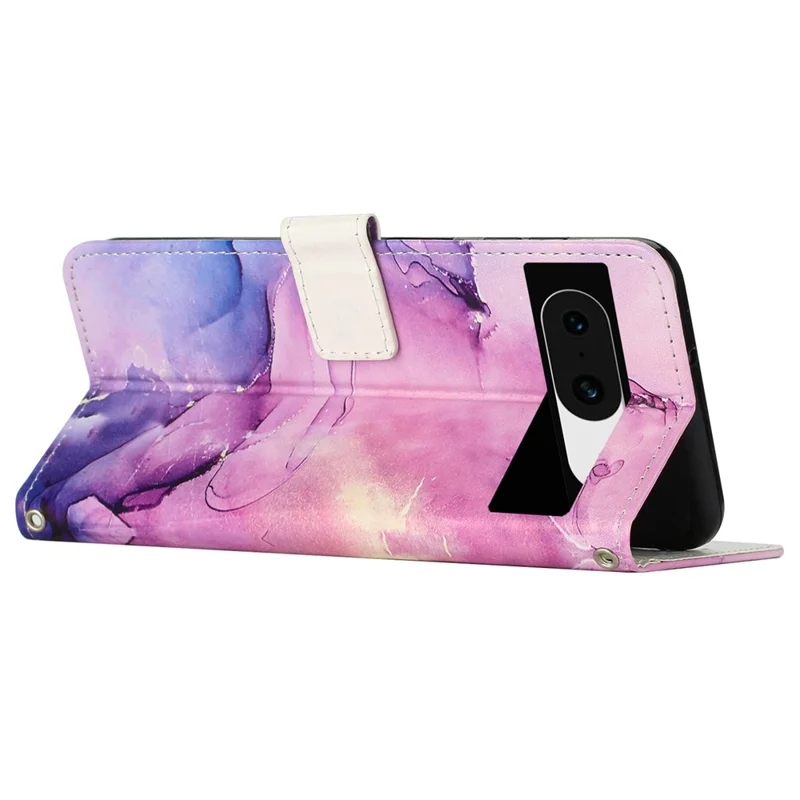 Para Google Pixel 8 Telefone Celular PU Leather Case Marble Pattern Wallet Stand Cover com Alça de Pulso - Roxo