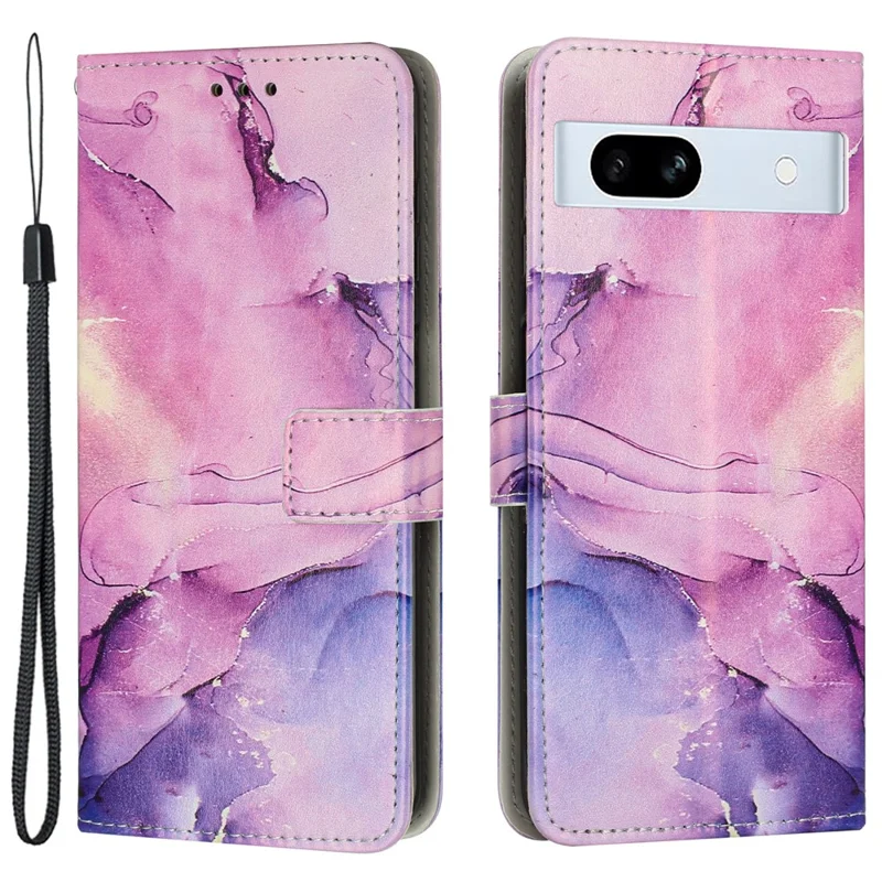 PU Leather Cellphone Case for Google Pixel 7a Marble Pattern Wallet Stand Cover with Wrist Strap - Purple