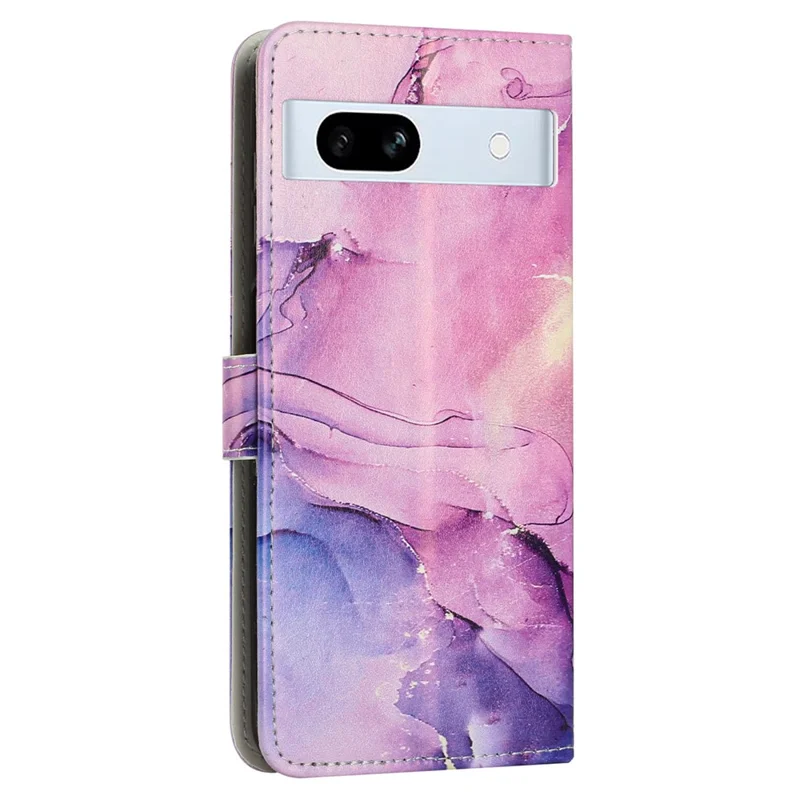 PU Leather Cellphone Case for Google Pixel 7a Marble Pattern Wallet Stand Cover with Wrist Strap - Purple