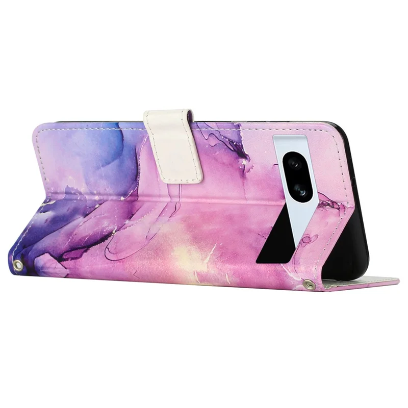 PU Leather Cellphone Case for Google Pixel 7a Marble Pattern Wallet Stand Cover with Wrist Strap - Purple