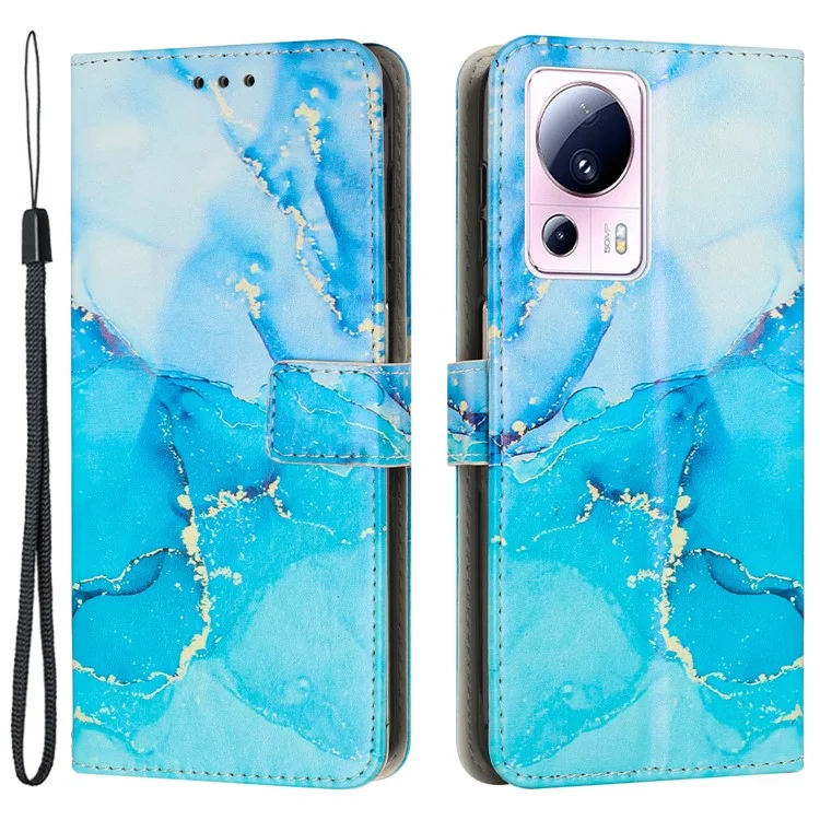Funda de billetera para teléfono para Xiaomi 13 Lite / Civi 2 5G, diseño de patrón de mármol de cuero sintético con soporte y correa para la muñeca - Azul / Verde
