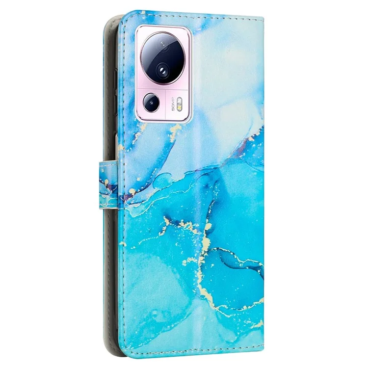 Funda de billetera para teléfono para Xiaomi 13 Lite / Civi 2 5G, diseño de patrón de mármol de cuero sintético con soporte y correa para la muñeca - Azul / Verde