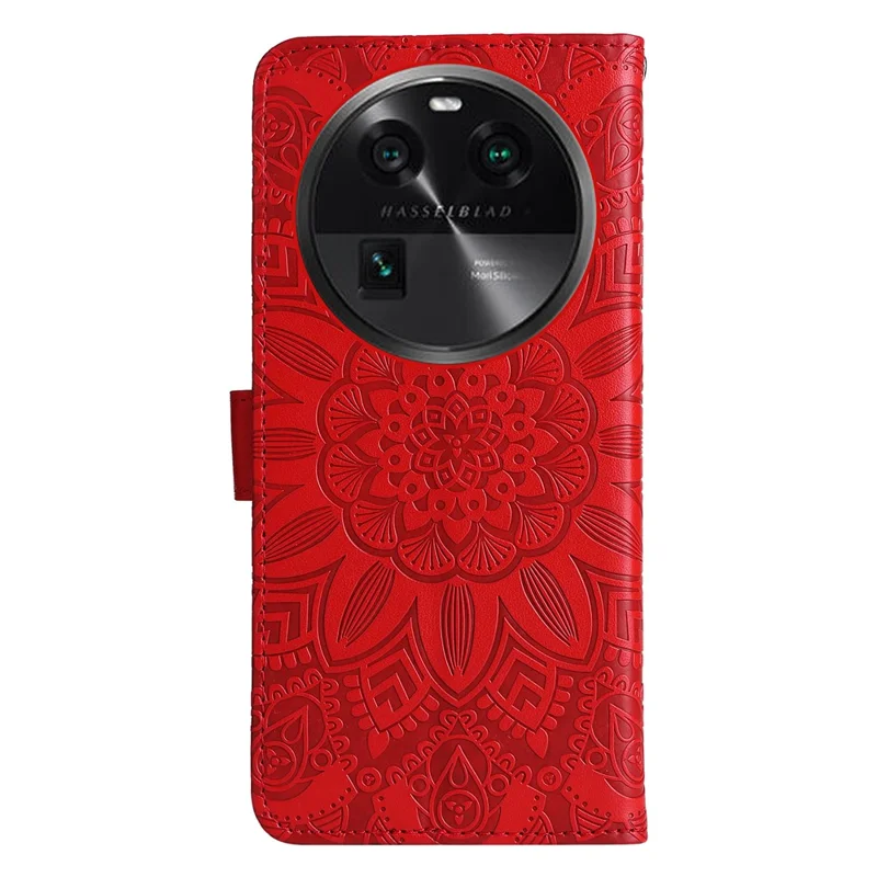 For Oppo Find X6 Full Protection Phone Cover PU Leather Wallet Sunflower Imprinted Stand Case - Red