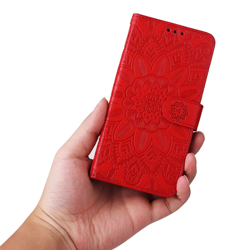 For Oppo Find X6 Full Protection Phone Cover PU Leather Wallet Sunflower Imprinted Stand Case - Red