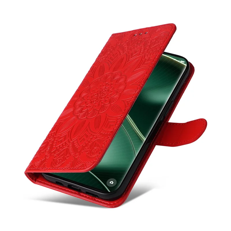 For Oppo Find X6 Full Protection Phone Cover PU Leather Wallet Sunflower Imprinted Stand Case - Red