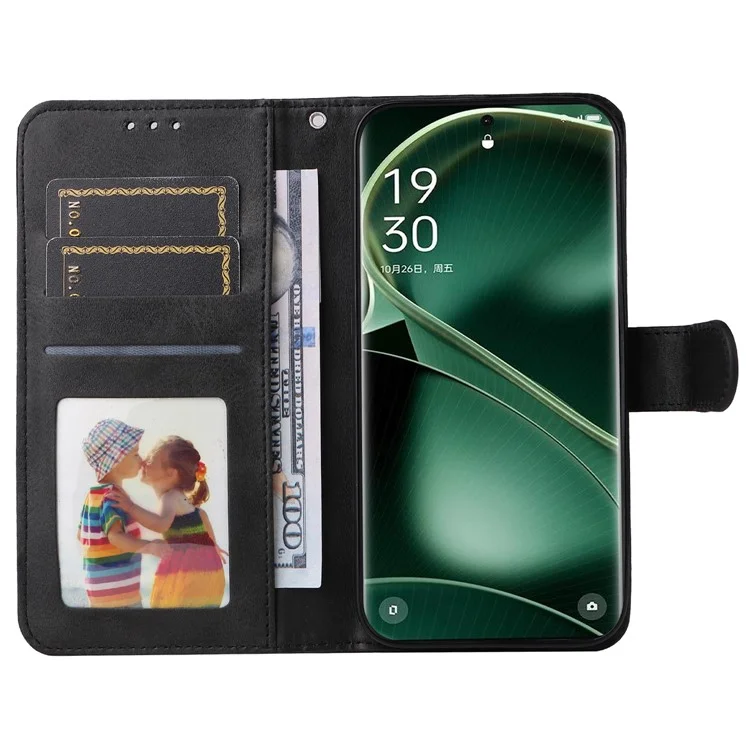 Кожаный чехол для Oppo Find X6 с текстурой телячьей кожи, с бумажником, подставкой, защитой от ударов и ремешком - черный