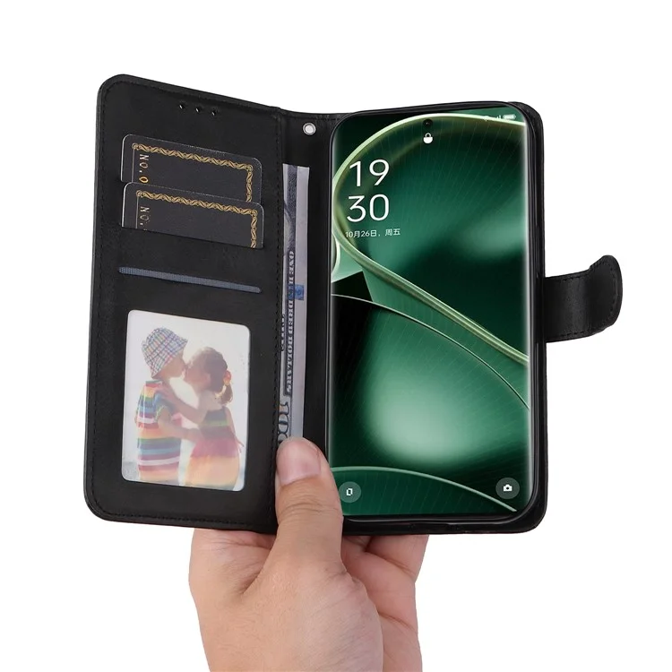 Кожаный чехол для Oppo Find X6 с текстурой телячьей кожи, с бумажником, подставкой, защитой от ударов и ремешком - черный