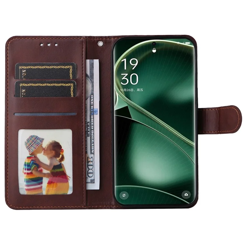 Shockproof Leather Case for Oppo Find X6 Pro Calf Texture Wallet Stand Cell Phone Cover with Strap - Brown