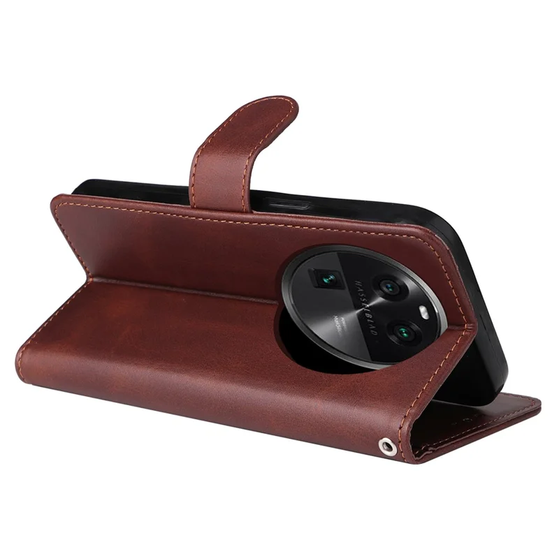 Shockproof Leather Case for Oppo Find X6 Pro Calf Texture Wallet Stand Cell Phone Cover with Strap - Brown