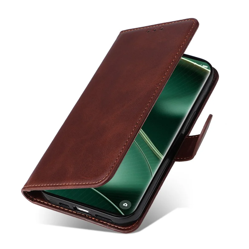 Shockproof Leather Case for Oppo Find X6 Pro Calf Texture Wallet Stand Cell Phone Cover with Strap - Brown
