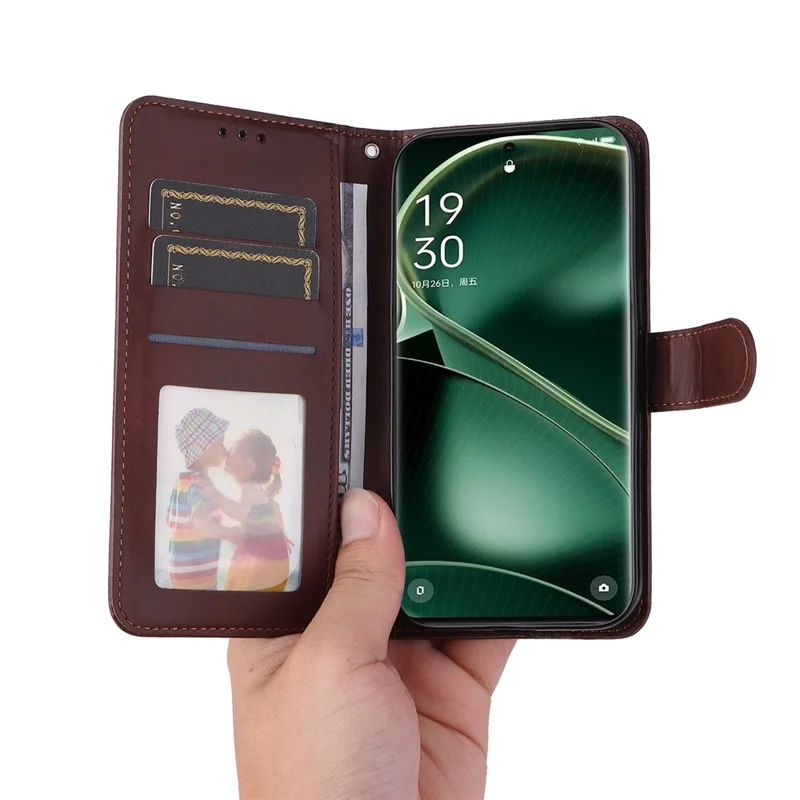 Shockproof Leather Case for Oppo Find X6 Pro Calf Texture Wallet Stand Cell Phone Cover with Strap - Brown