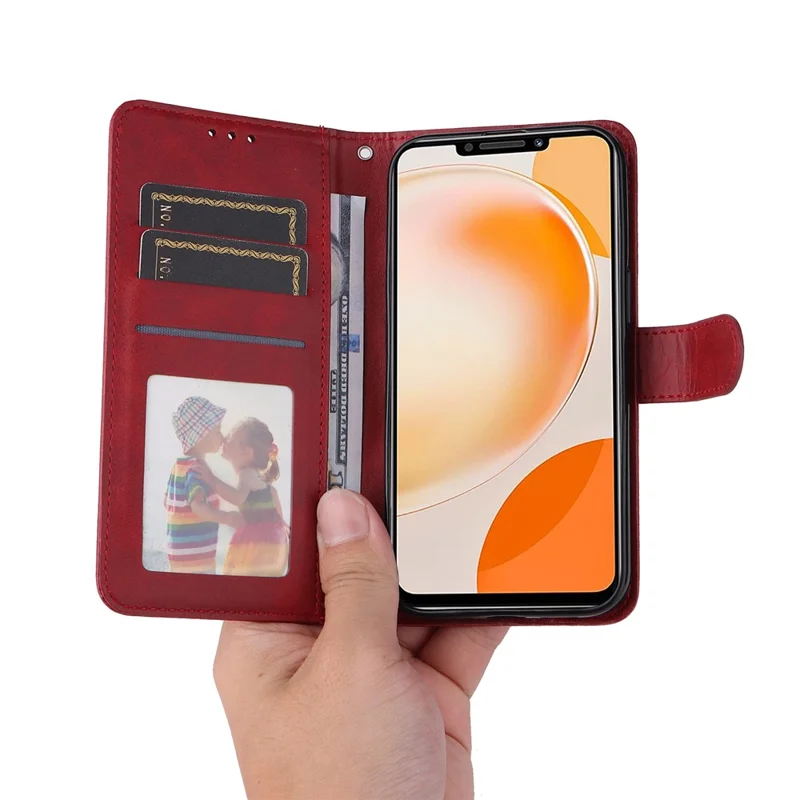 For Huawei Enjoy 60X Calf Texture Leather Case Wallet Stand Cell Phone Cover with Strap - Red