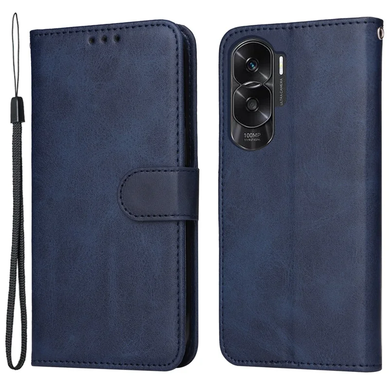 Cell Phone Cover for Honor X50i 5G / 90 Lite 5G Calf Texture Anti-scratch PU Leather Wallet Stand Case with Strap - Blue