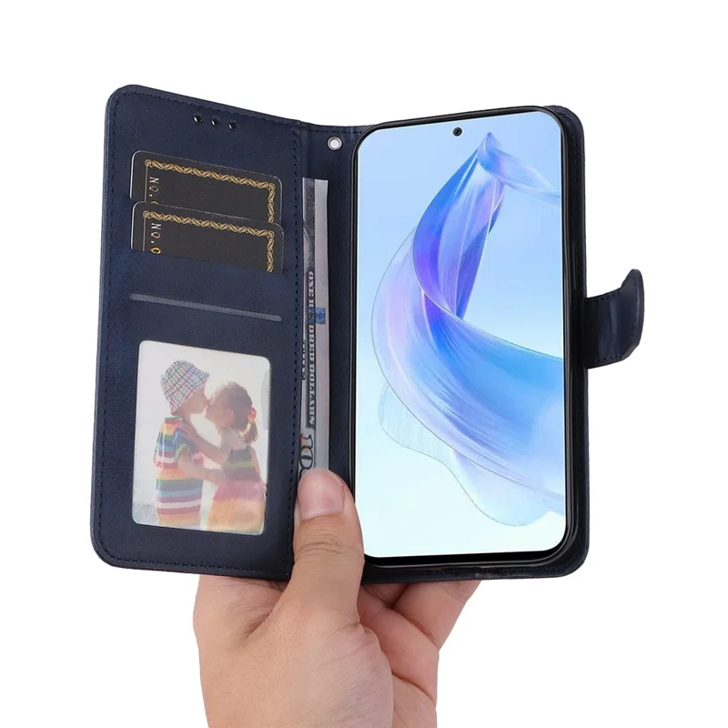 Cell Phone Cover for Honor X50i 5G / 90 Lite 5G Calf Texture Anti-scratch PU Leather Wallet Stand Case with Strap - Blue