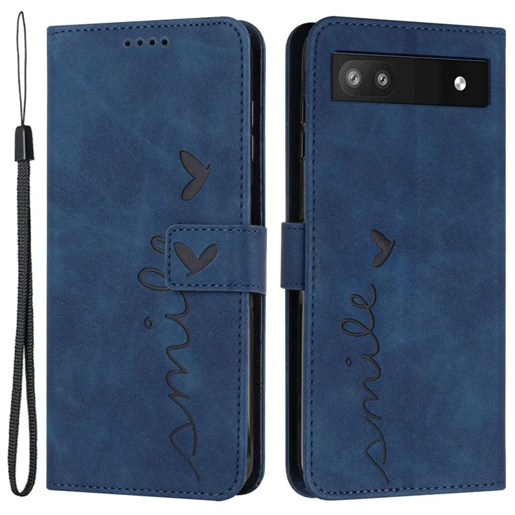 Folio Stand Shell for Google Pixel 7a Heart Shape Imprinted PU Leather Phone Wallet Flip Case - Sapphire