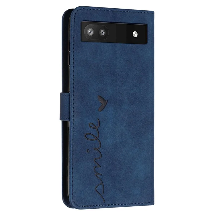 Folio Stand Shell for Google Pixel 7a Heart Shape Imprinted PU Leather Phone Wallet Flip Case - Sapphire