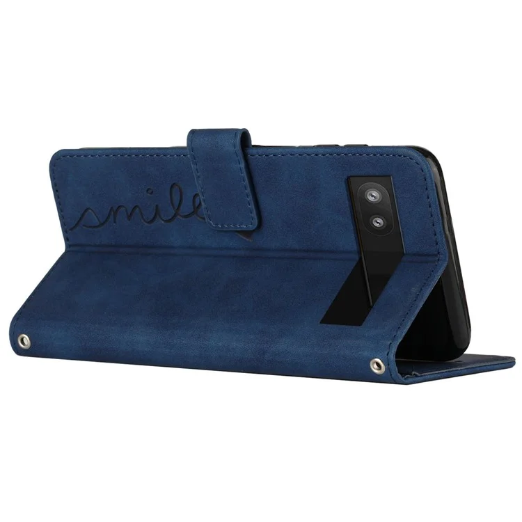 Folio Stand Shell for Google Pixel 7a Heart Shape Imprinted PU Leather Phone Wallet Flip Case - Sapphire