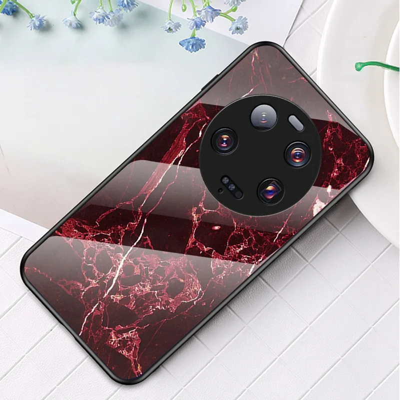 Para Xiaomi 13 Ultra Capa de Telefone com Vidro Temperado de Padrão de Mármore PC+TPU - Mármore Vermelho Sangue