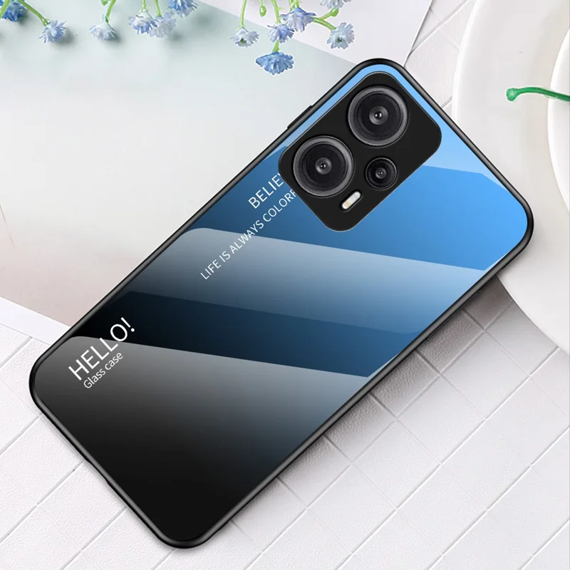 For Xiaomi Redmi Note 12 Turbo / Poco F5 5G Slim telefonbeskyttelse PC + TPU + Hårdet glas stødfast cover - Gradient blå sort
