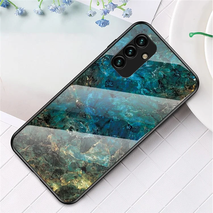 For Samsung Galaxy A24 4G (162.1 x 77.6 x 8.3mm) Marble Pattern Shockproof Case Tempered Glass+PC+TPU Anti-Drop Phone Cover - Emerald Marble