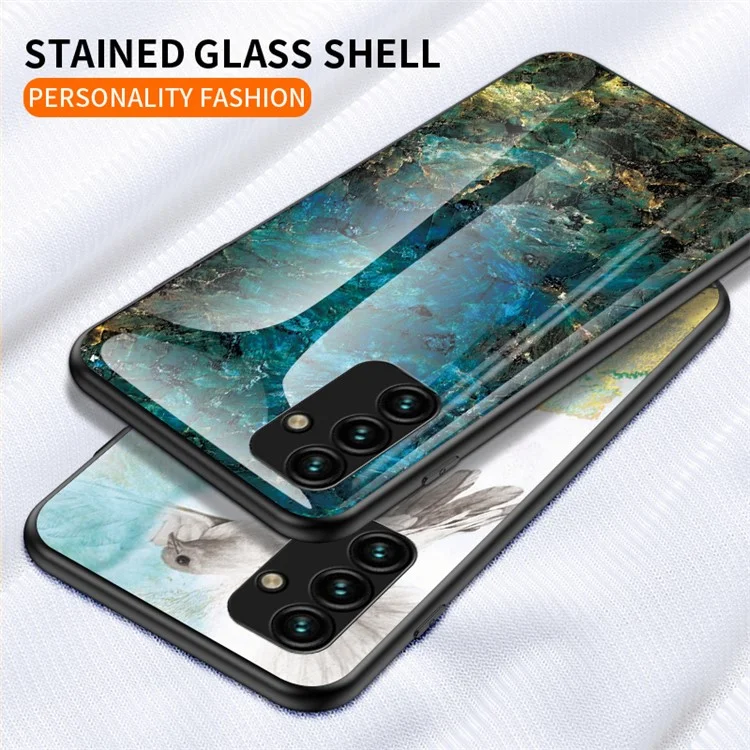 For Samsung Galaxy A24 4G (162.1 x 77.6 x 8.3mm) Marble Pattern Shockproof Case Tempered Glass+PC+TPU Anti-Drop Phone Cover - Emerald Marble