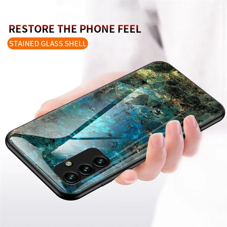 For Samsung Galaxy A24 4G (162.1 x 77.6 x 8.3mm) Marble Pattern Shockproof Case Tempered Glass+PC+TPU Anti-Drop Phone Cover - Emerald Marble