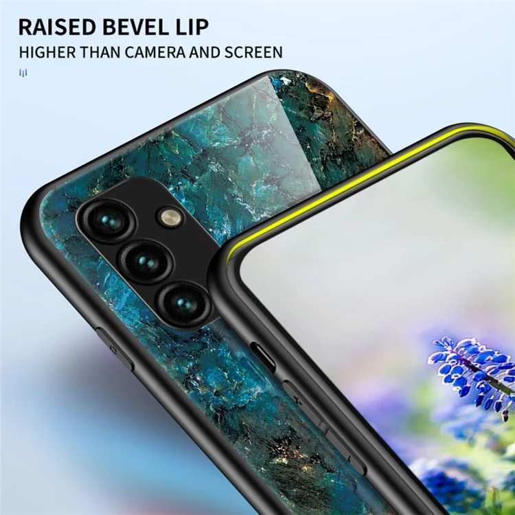 For Samsung Galaxy A24 4G (162.1 x 77.6 x 8.3mm) Marble Pattern Shockproof Case Tempered Glass+PC+TPU Anti-Drop Phone Cover - Emerald Marble