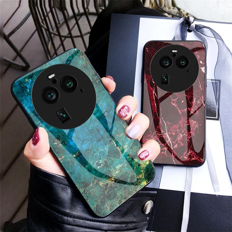 Для Oppo Find X6 Pro Marble Pattern Design Anti-Scratch Case Tempered Glass+PC+TPU Phone Cover - Emerald Marble