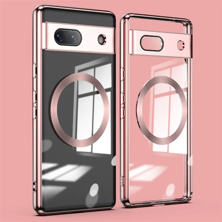 Coque transparente magnétique pour Google Pixel 7a, Housse de téléphone en TPU électroplaqué avec protecteur d'objectif - Or Rose