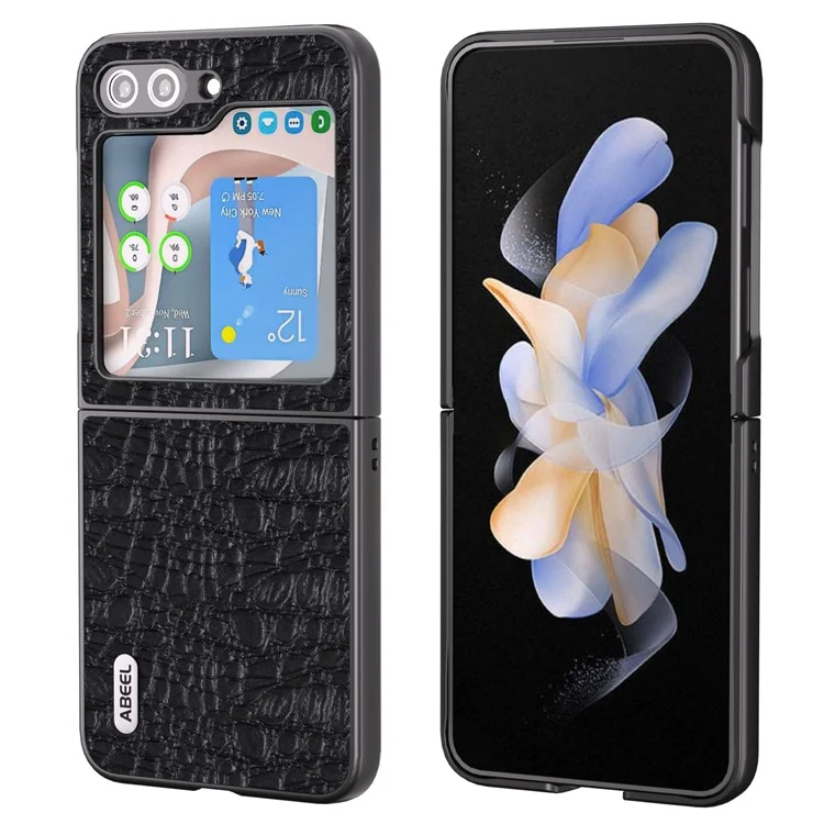 ABEEL Para Samsung Galaxy Z Flip5 5G Genuine Cow Leather Coated PC Phone Case Textured Anti-Slip Cover - Black