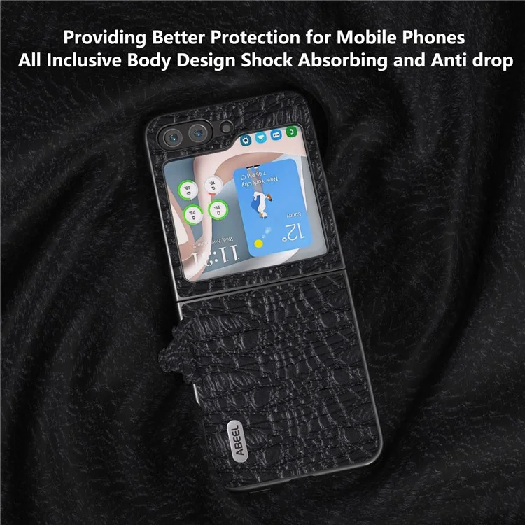 ABEEL Para Samsung Galaxy Z Flip5 5G Genuine Cow Leather Coated PC Phone Case Textured Anti-Slip Cover - Black