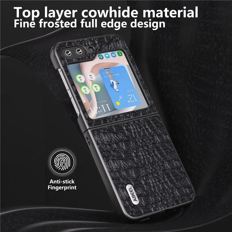 ABEEL Para Samsung Galaxy Z Flip5 5G Genuine Cow Leather Coated PC Phone Case Textured Anti-Slip Cover - Black