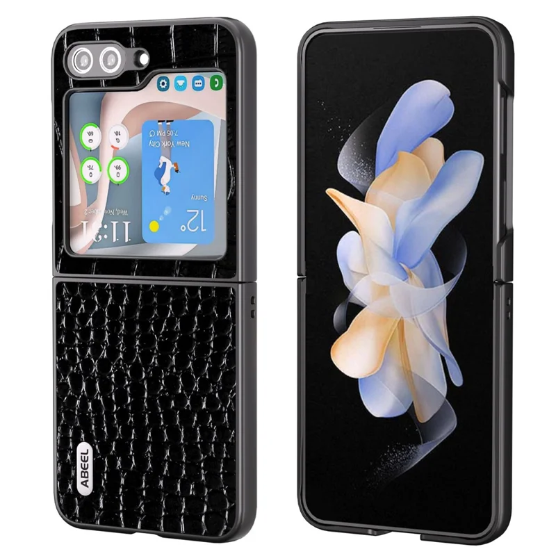 ABEEL For Samsung Galaxy Z Flip5 5G Crocodile Texture Phone Case Genuine Cow Leather Coated PC Back Cover - Black