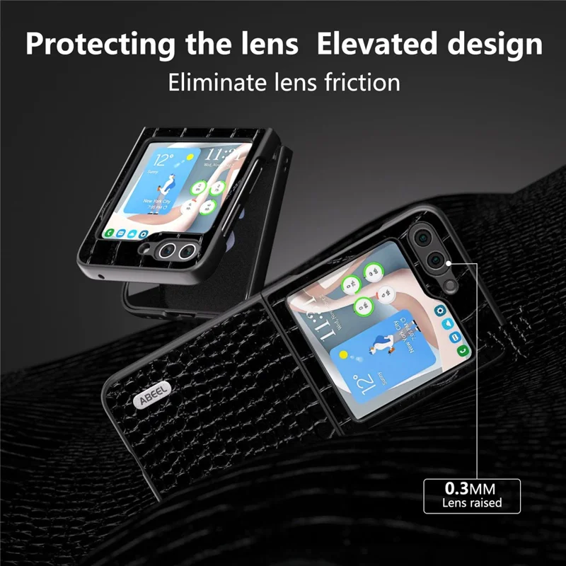 ABEEL For Samsung Galaxy Z Flip5 5G Crocodile Texture Phone Case Genuine Cow Leather Coated PC Back Cover - Black