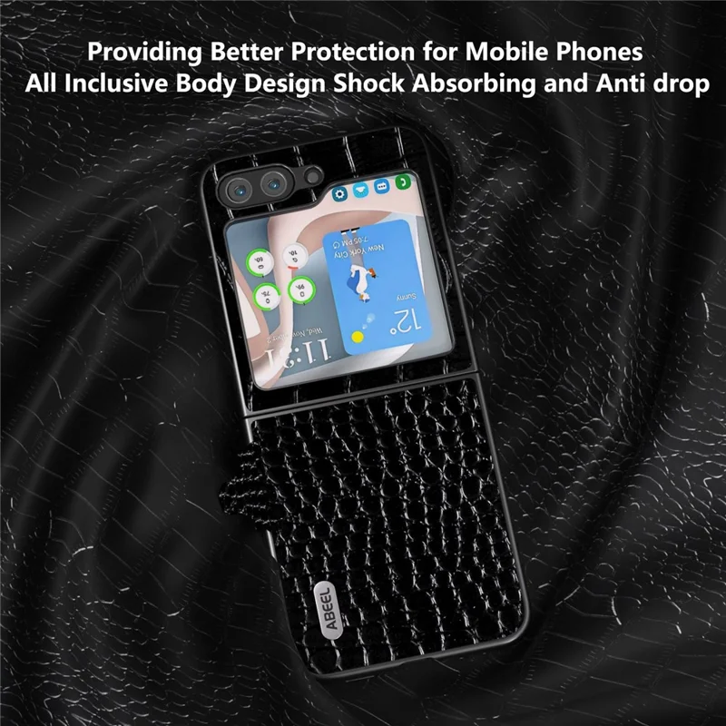 ABEEL For Samsung Galaxy Z Flip5 5G Crocodile Texture Phone Case Genuine Cow Leather Coated PC Back Cover - Black