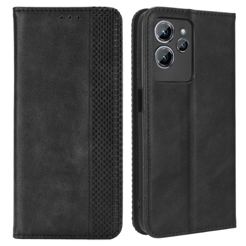 For Oukitel C32 Magnetic Shell Retro PU Leather Phone Case Stand Wallet Flip Cover - Black