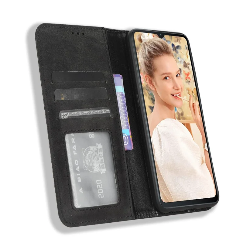 For Oukitel C32 Magnetic Shell Retro PU Leather Phone Case Stand Wallet Flip Cover - Black